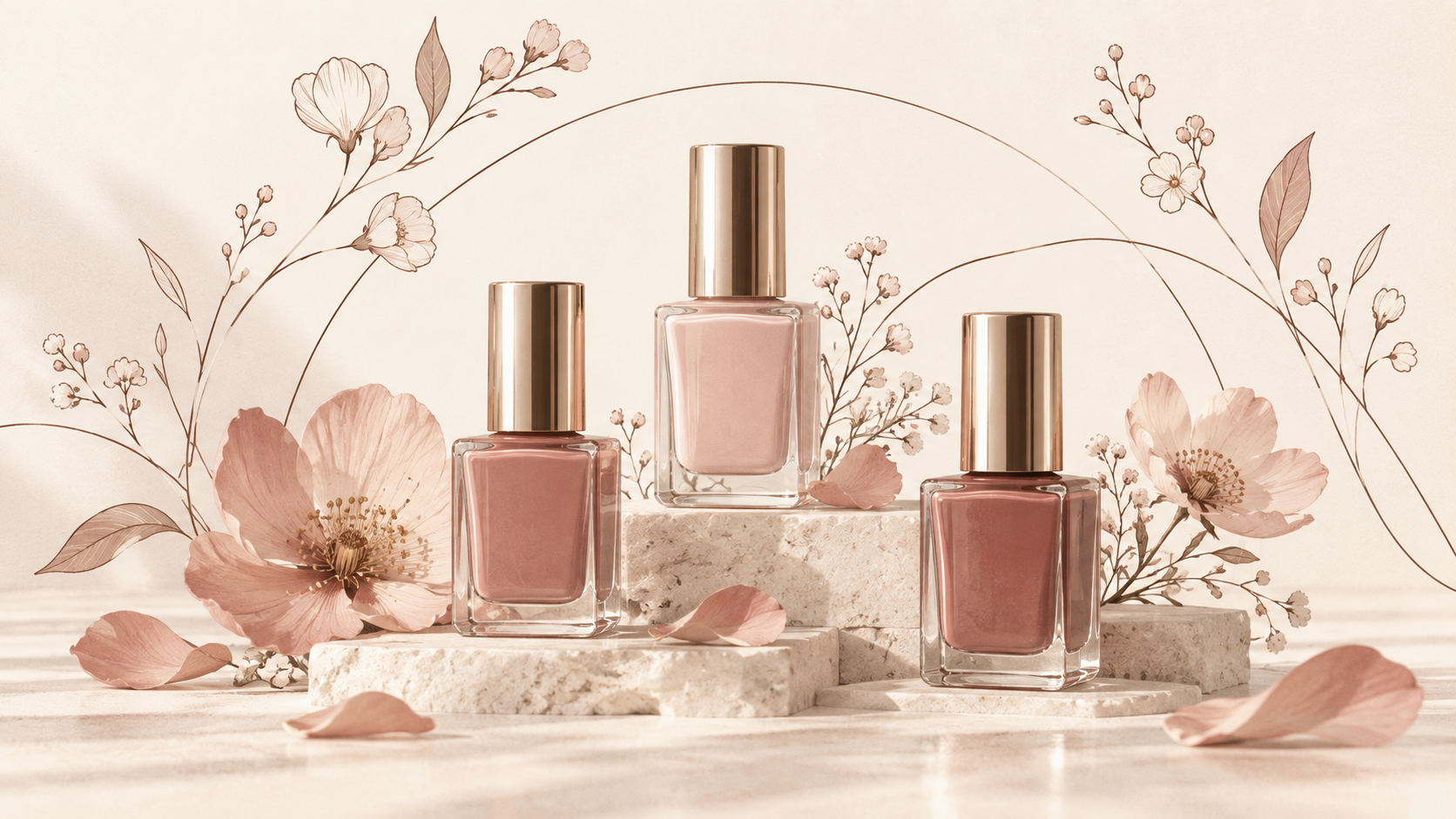 Illustration of glass nail-polish bottles with fine-line floral arcs and scattered petals