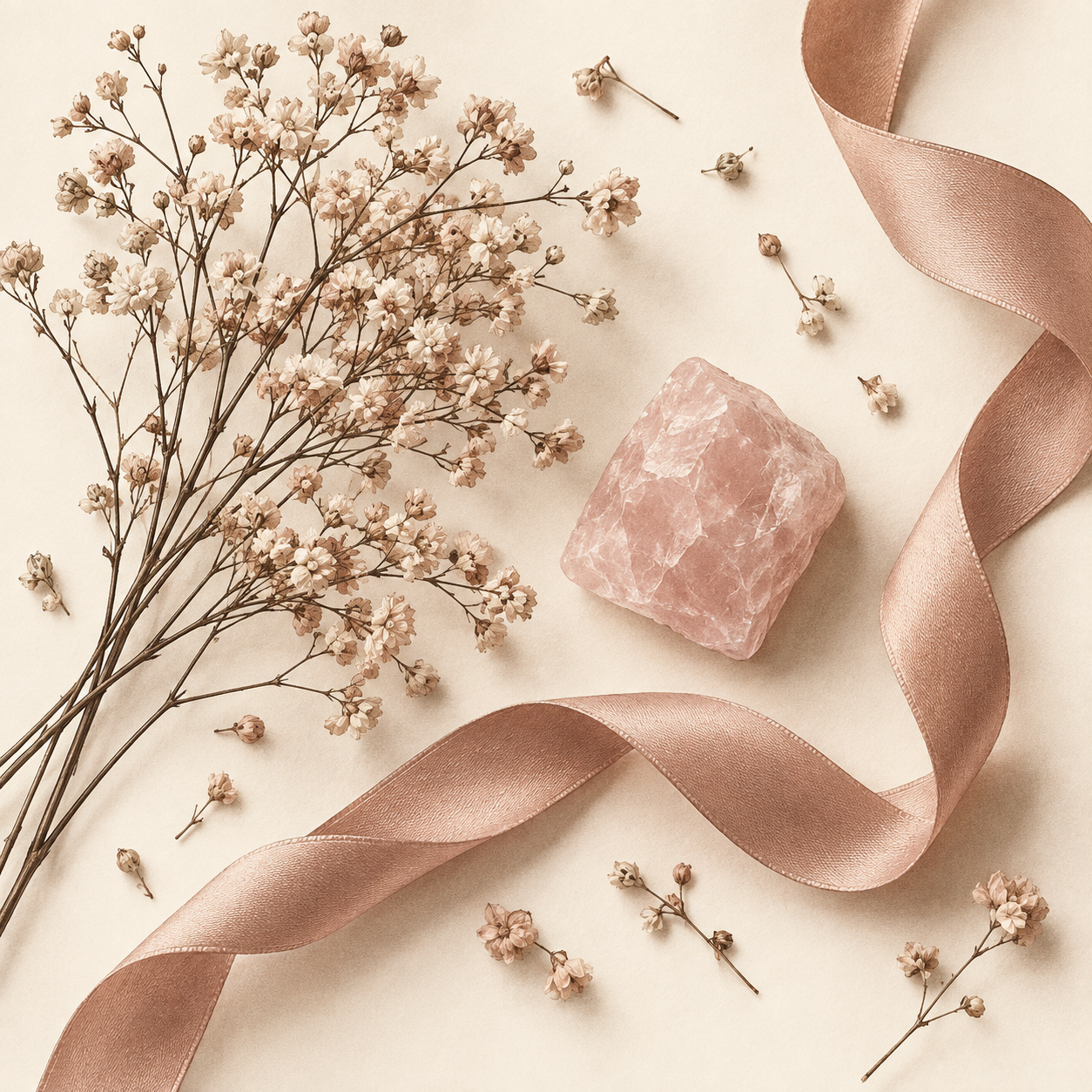 Illustration of dried flowers, a rose-quartz stone, and a silk ribbon arranged on cream